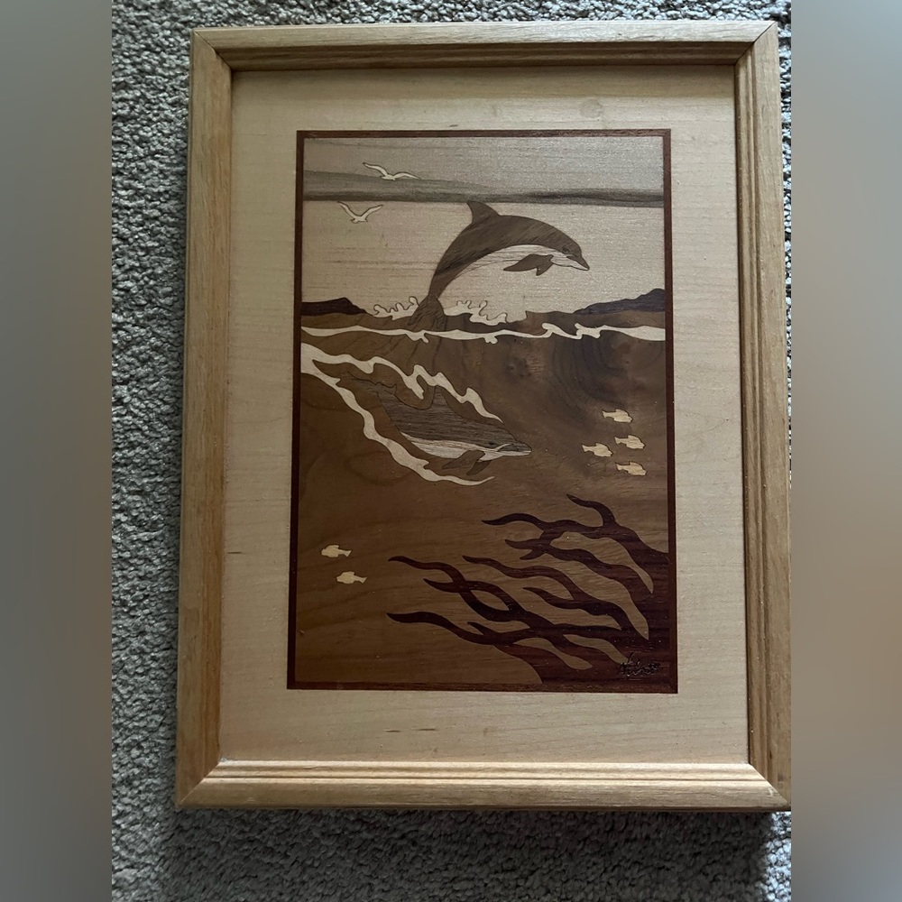 Vintage Hudson River Inlay wood dolphin wall picture. 1990s 10 x13
